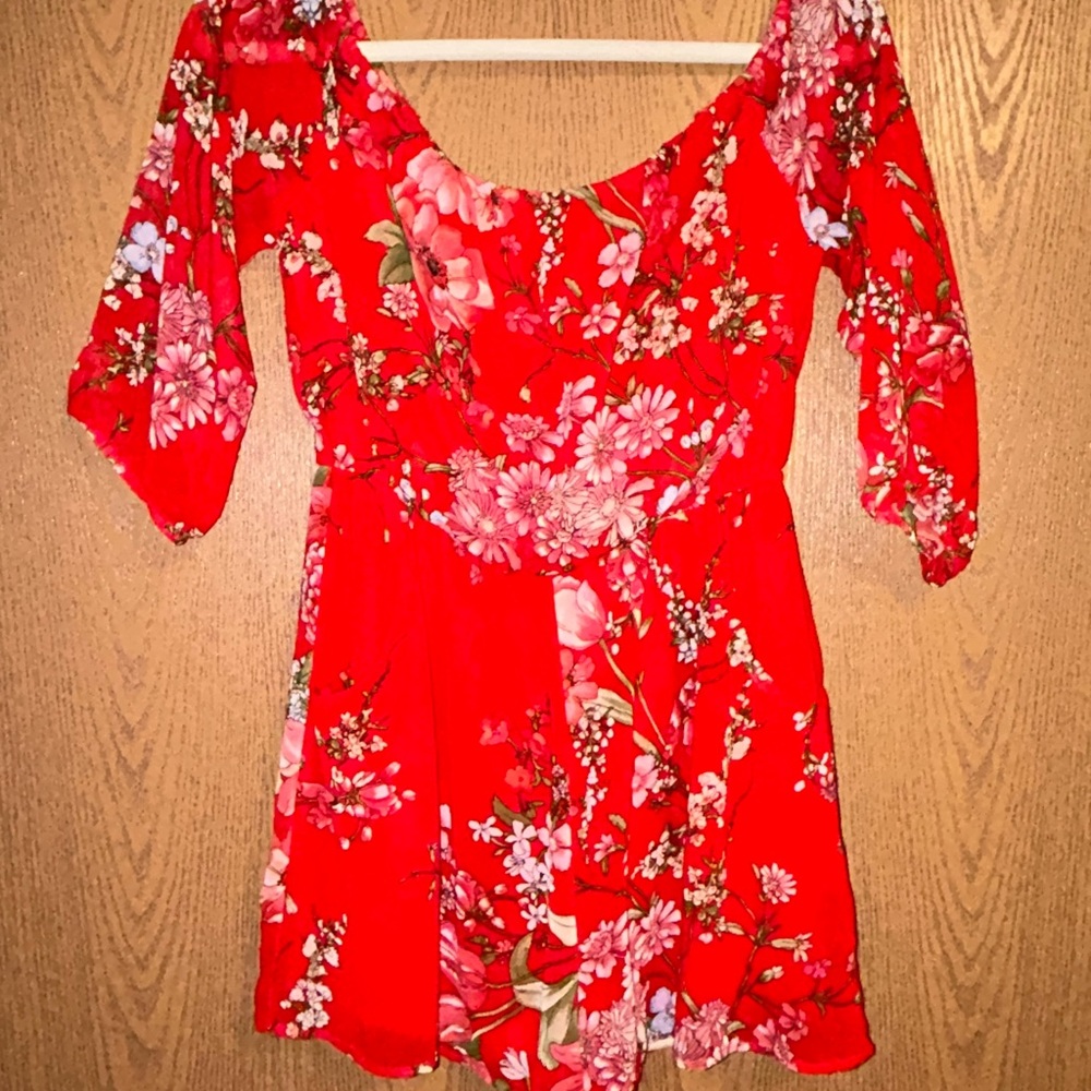 Floral Red Dress with Ruffle Details